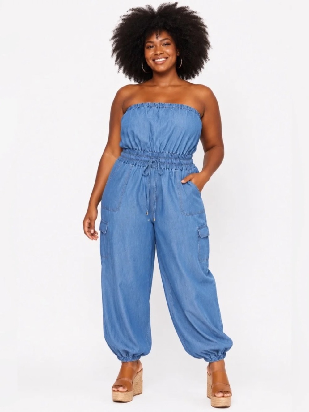 A Hint of Blush Strapless Chambray Cargo Jogger Jumpsuit Smocked Waist 2X